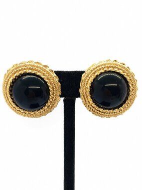 VINTAGE CLIP EARRINGS Black Cabochon Gold Tone Textured Statement 1980s